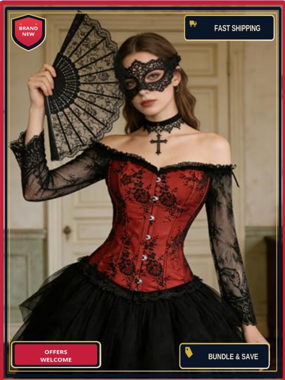 Emprier Women's Lace Corset Top Gothic Long Sleeve Bustier Off Shoulder - Picture 4 of 5